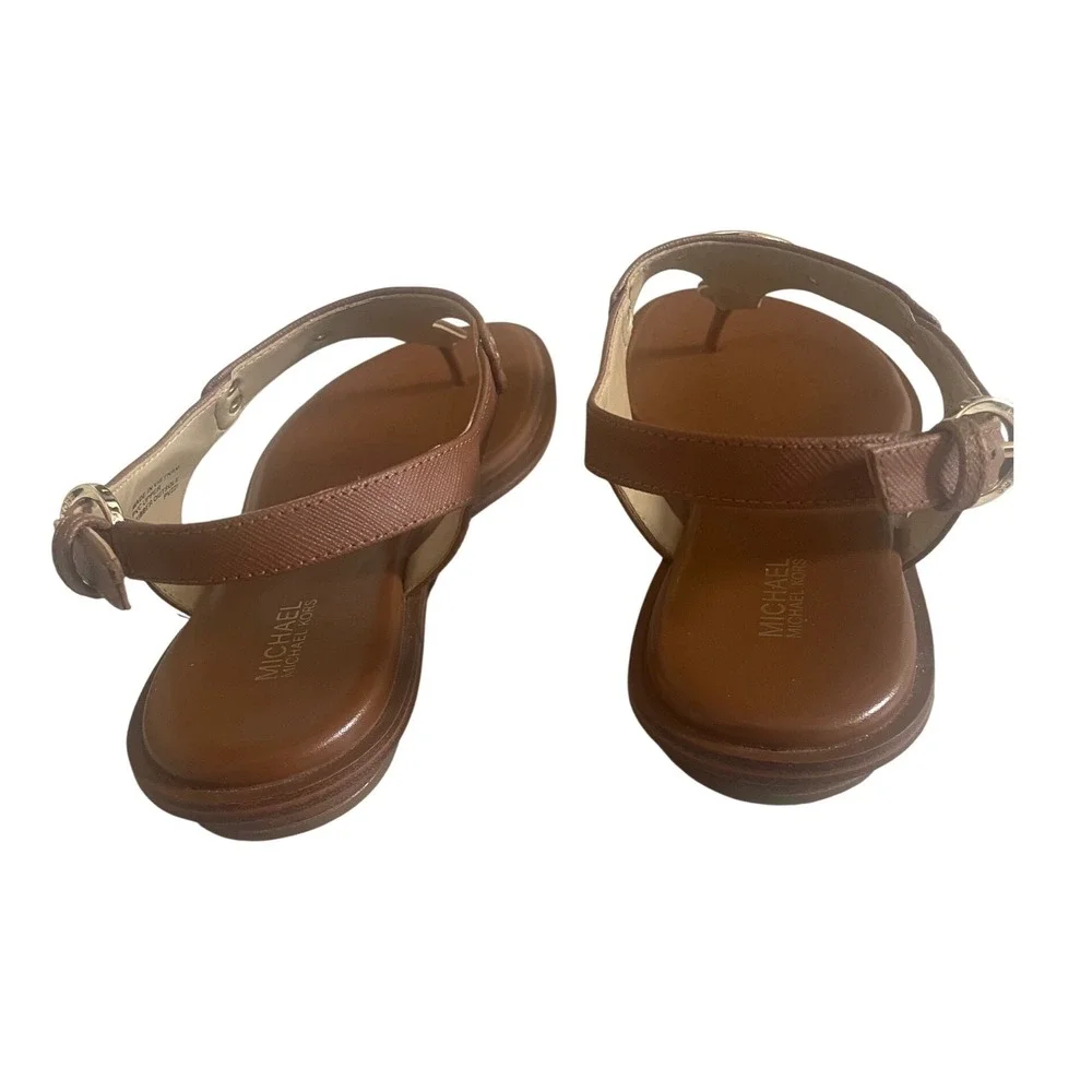 Michael Kors MK Plate Thong Sandals in Luggage‎ Saffiano Leather – Size 8M